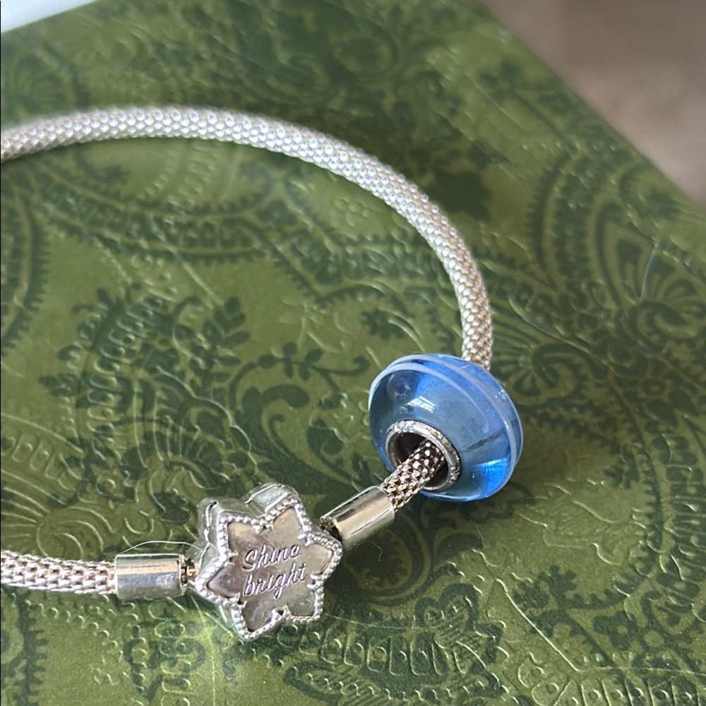 Pandora “Sine Bright” Silver Bracelet with Blue Glass Charm